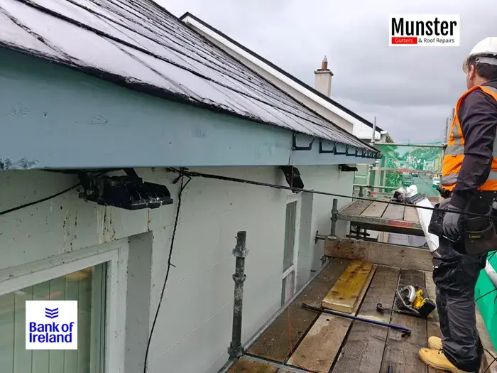 Repairing and installing gutters on a period builidng for Bank of Ireland by Munster Gutters