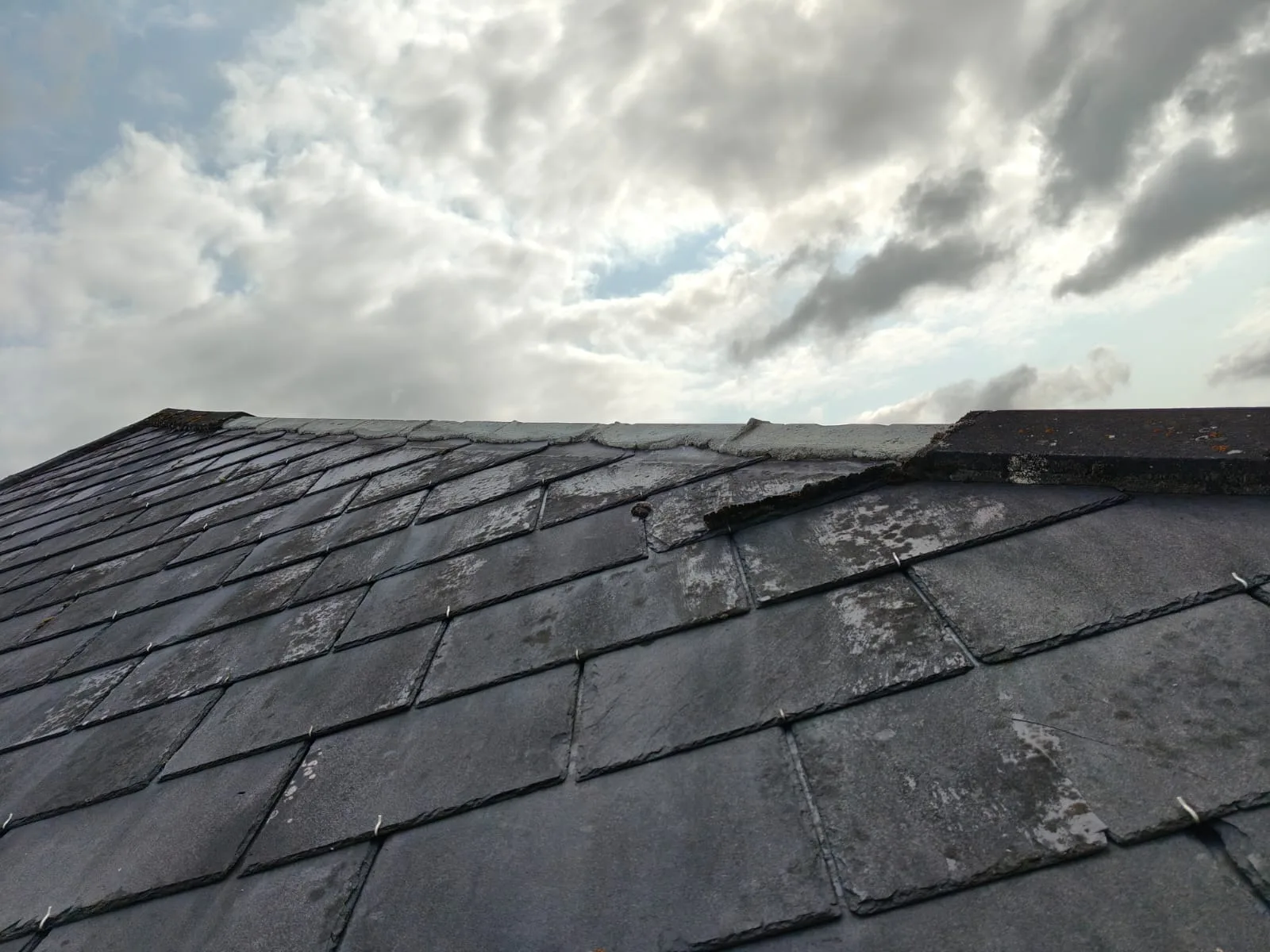Close-up of a slate roof and ridge